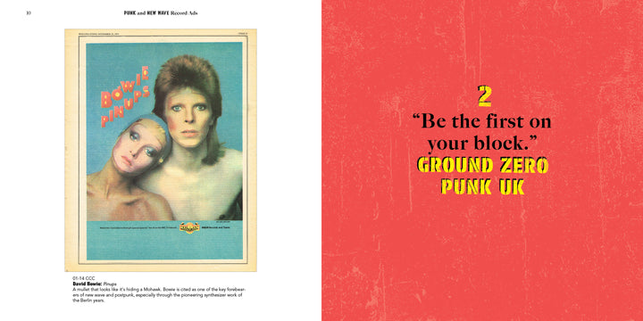 Left page: Vintage music poster with David Bowie and a woman in dramatic makeup. Right page: Red background, bold yellow/black text—"Be the first on your block." Featured in Punk and New Wave Record Ads by Schiffer Publishing, Ltd.