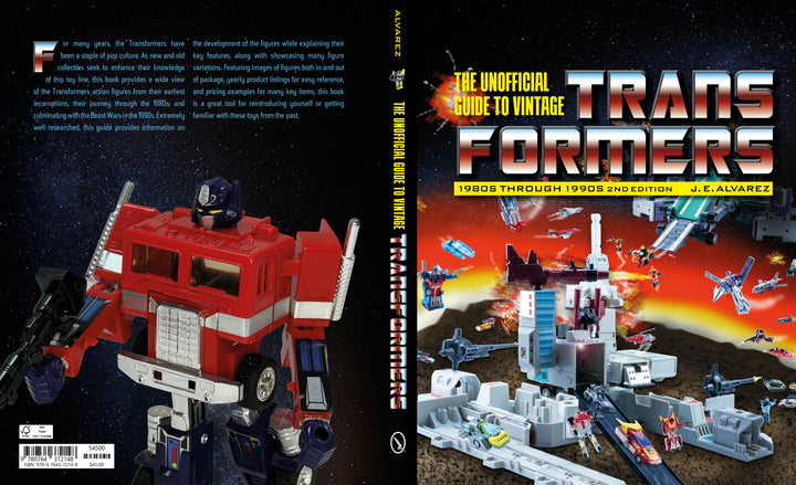 Front and back cover of Schiffer Publishing, Ltd.'s Unofficial Guide to Vintage Transformers, showcasing Transformer collectibles in battle; a large red robot stands on the left, with flying robots and explosions on the right.