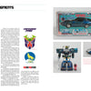 A two-page spread in the "Unofficial Guide to Vintage Transformers" by Schiffer Publishing, Ltd. shows Acknowledgments with three toy logos on the left and photos of a blue Transformers figure (box, robot, and car modes) on the right.