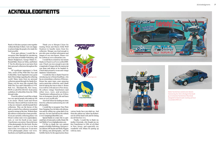 A two-page spread in the "Unofficial Guide to Vintage Transformers" by Schiffer Publishing, Ltd. shows Acknowledgments with three toy logos on the left and photos of a blue Transformers figure (box, robot, and car modes) on the right.
