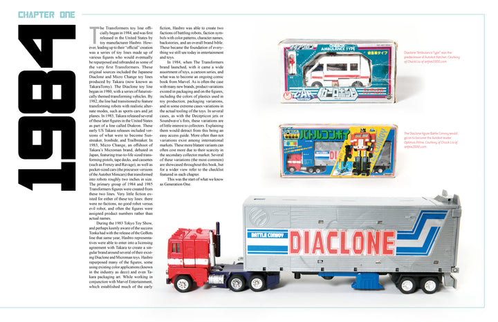 A page from the "Unofficial Guide to Vintage Transformers" by Schiffer Publishing, Ltd. shows three toy trucks—two boxed Japanese toys and one unboxed red and grey Diaclone truck—while exploring Transformers collectibles history.