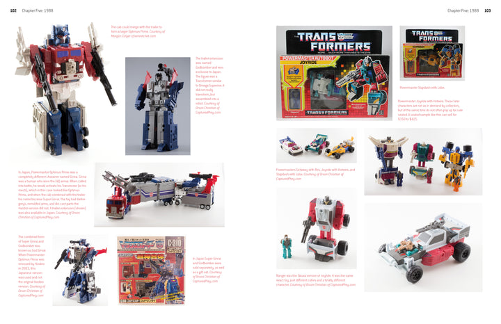 A two-page spread from Schiffer Publishing, Ltd.'s "Unofficial Guide to Vintage Transformers" displays boxed and unboxed 1986 Transformers figures, vehicles, vibrant packaging, and descriptive captions beside each collectible.