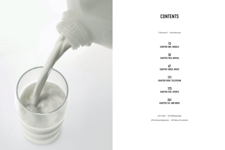 On the left, Milk Mustache by Schiffer Publishing, Ltd. is pictured with milk pouring from a plastic bottle into a glass; on the right, its table of contents highlights chapters on pop culture history with page numbers.