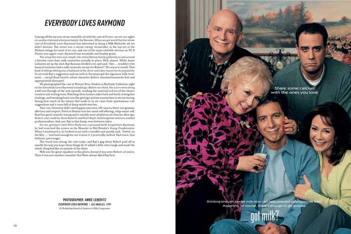 Five people smile on a couch as an older woman in pink offers milk to a younger man, all with classic Milk Mustache smiles. "Share some calcium with the ones you love." Milk Mustache by Schiffer Publishing, Ltd.