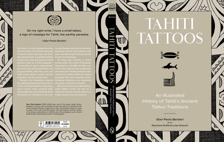 The "Tahiti Tattoos" book cover by Schiffer Publishing, Ltd. showcases geometric Polynesian tattoo patterns in black on gray, with a white title and subtitle. Illustrations of a face, fish, and bird appear; back cover includes a summary and author bio.