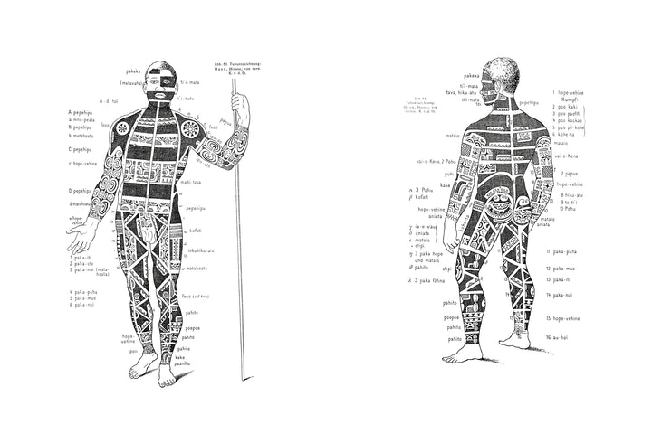 “Tahiti Tattoos” by Schiffer Publishing, Ltd. features black and white anatomical drawings with tribal body markings inspired by Tahitian tattooing, labeled in a foreign language; one figure holds a staff, reflecting sacred art traditions.