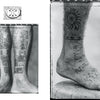 Black and white photo displays intricate geometric and tribal tattoos inspired by Tahitian art from "Tahiti Tattoos" by Schiffer Publishing, Ltd.—left image shows both calves; right highlights one leg and foot with detailed patterns.