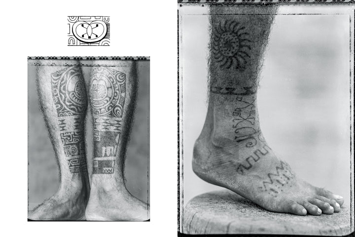 Black and white photo displays intricate geometric and tribal tattoos inspired by Tahitian art from "Tahiti Tattoos" by Schiffer Publishing, Ltd.—left image shows both calves; right highlights one leg and foot with detailed patterns.