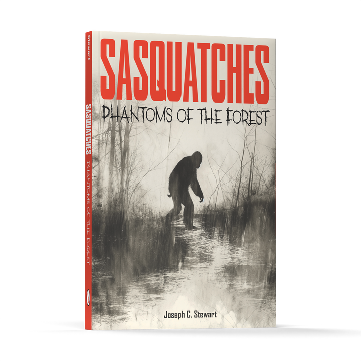 Book cover for Sasquatches by Schiffer Publishing, Ltd., shows a shadowy figure in a misty forest, sparking curiosity about the mysterious world of Sasquatch and ongoing research into these elusive creatures.