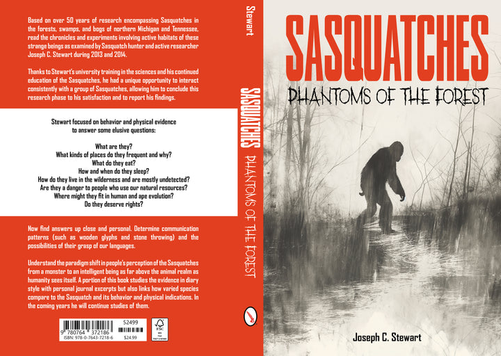 Book cover for Sasquatches by Schiffer Publishing, Ltd. shows a Sasquatch silhouette in a snowy, foggy forest. Bold red title; back cover includes summary. Ideal for fans of Sasquatch lore and research.