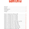 The Sasquatches table of contents from Schiffer Publishing, Ltd. features bold red “CONTENTS” atop chapters labeled by July-Oct 2013 dates, covering topics like the US Sasquatch population with dotted lines to red page numbers.