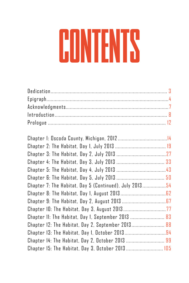 The Sasquatches table of contents from Schiffer Publishing, Ltd. features bold red “CONTENTS” atop chapters labeled by July-Oct 2013 dates, covering topics like the US Sasquatch population with dotted lines to red page numbers.