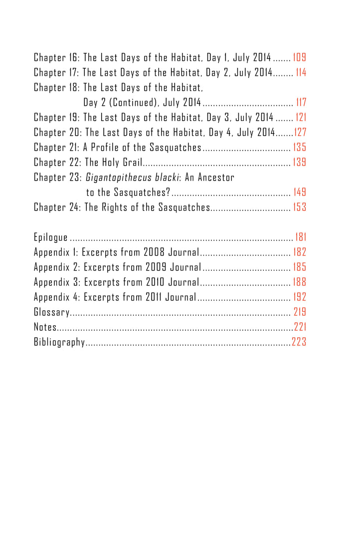Table of contents from "Sasquatches" by Schiffer Publishing, Ltd., listing chapters and appendices on Habitat, Sasquatch research, Gigantopithecus blacki, and journal excerpts with some page numbers highlighted in red.
