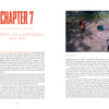 A book spread from Sasquatches by Schiffer Publishing, Ltd. shows Chapter 7: The Habitat, Day 5 (Continued), July 2013, with text on the left and a photo of a trashed campsite on the right hinting at northern Michigan Sasquatch activity.