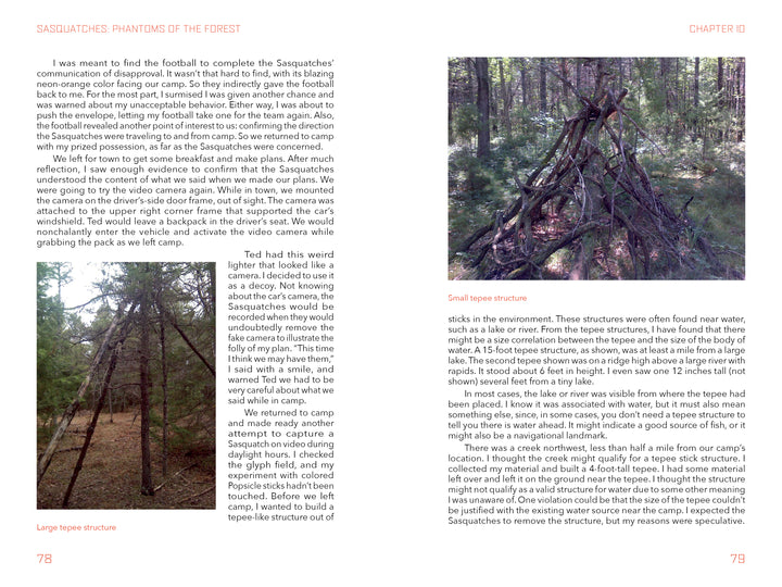 Two pages from "Sasquatches" by Schiffer Publishing, Ltd. feature images and descriptions of large and small tipi-like wooden structures in forests, exploring their mysterious origins and possible links to Sasquatch activity.