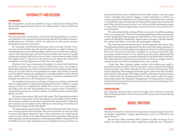 Two pages from "Sasquatches" by Schiffer Publishing, Ltd. explore Sasquatch rationality and behavior, with sections for comments, observations, conclusions, and moral emotions; includes anecdotes and scientific research findings.