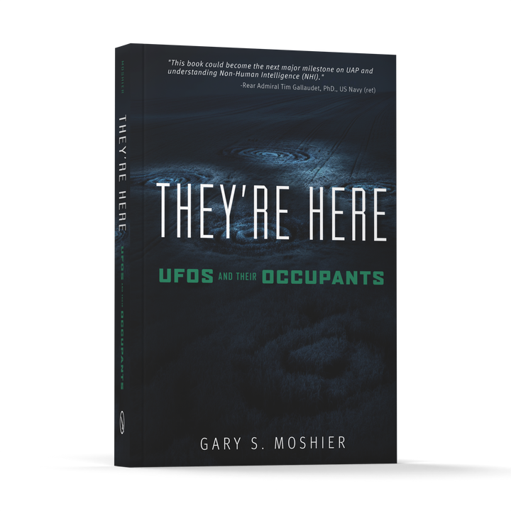 The dark cover of They’re Here by Schiffer Publishing, Ltd. features a glowing circular UFO landing site, a bold green accent, and a testimonial quote at the top, capturing intrigue about UFOs and their occupants.