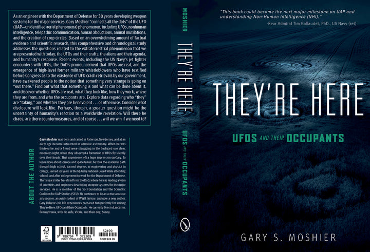 Book cover for They’re Here by Schiffer Publishing, Ltd. The design shows a moody, blue-tinted nighttime forest lit by mysterious beams linked to UFOs. The back cover includes quotes and a summary.