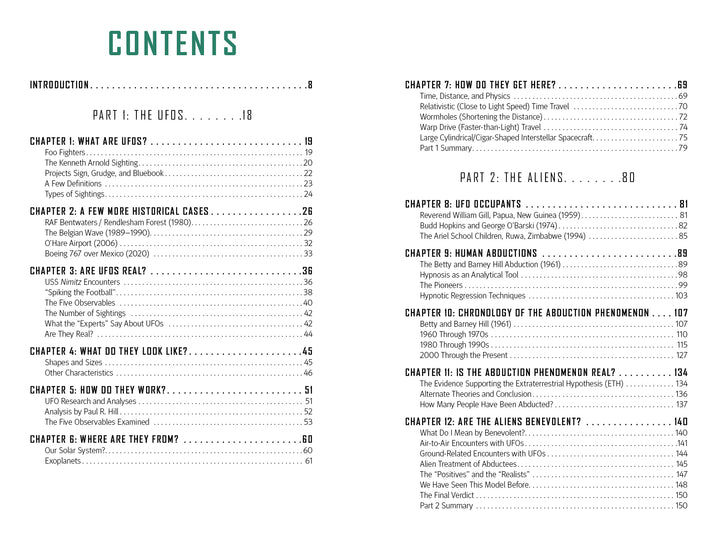The table of contents from "They're Here" by Schiffer Publishing, Ltd. lists chapters on UFO history, sightings, characteristics, origins, alien abductions, government responses, and theories with their page numbers.