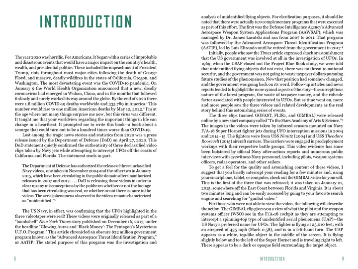 A two-page spread from "They're Here" by Schiffer Publishing, Ltd.; left page shows an Introduction in large green text with a paragraph below, while the right continues discussing UFO phenomena in several paragraphs. No images or illustrations are present.