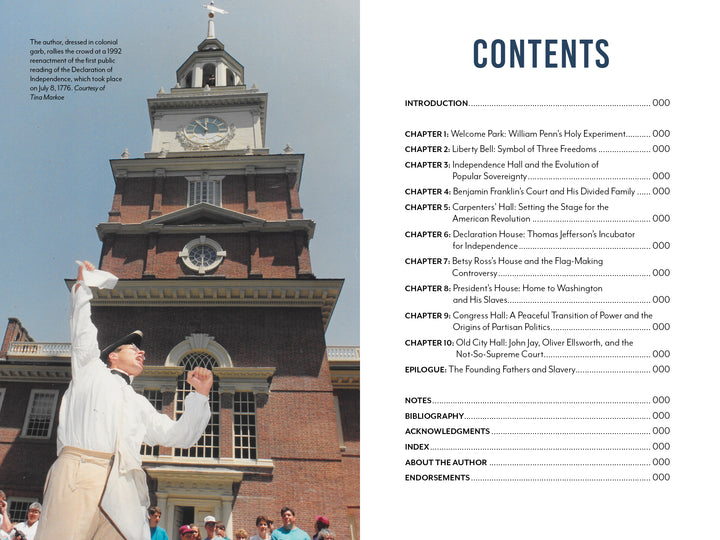 A tour guide in colonial attire gestures outside Independence Hall’s clock tower at Independence National Historical Park. On the right, a table of contents lists chapters about the founding fathers and the Hall’s history. Schiffer Publishing, Ltd.