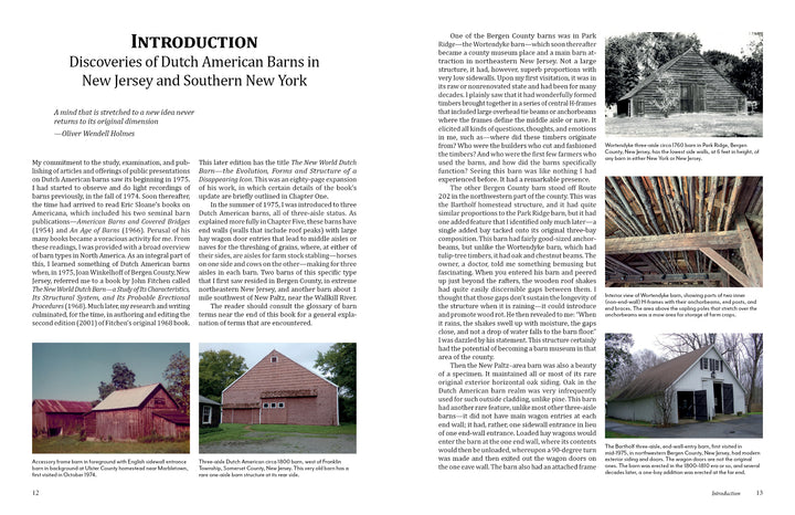 Two pages from *The Historic Dutch American Barns of New Jersey and Southern New York* by Schiffer Publishing, Ltd. showcase vernacular architecture with columns of text and photos of traditional barns, featuring both interiors and exteriors.