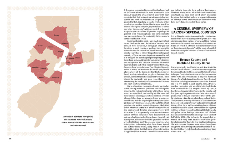 A map from "The Historic Dutch American Barns of New Jersey and Southern New York" by Schiffer Publishing, Ltd. highlights areas where these barns remain, with text exploring their history, vernacular style, and unique regional features.