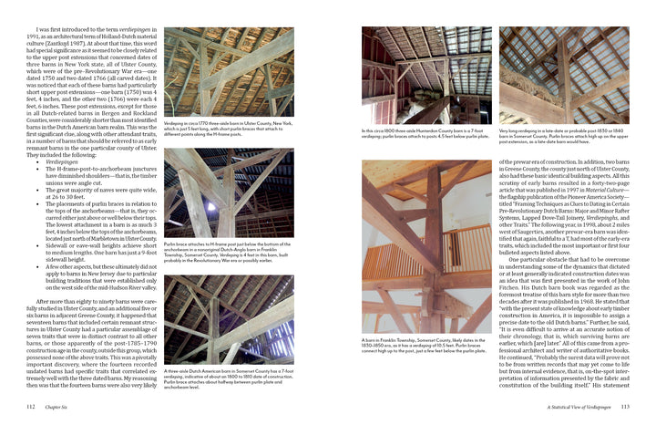 A two-page spread in *The Historic Dutch American Barns of New Jersey and Southern New York* (Schiffer Publishing, Ltd.) features photos of timber barn roofs and beams with text on the author’s observations of vernacular joinery techniques.
