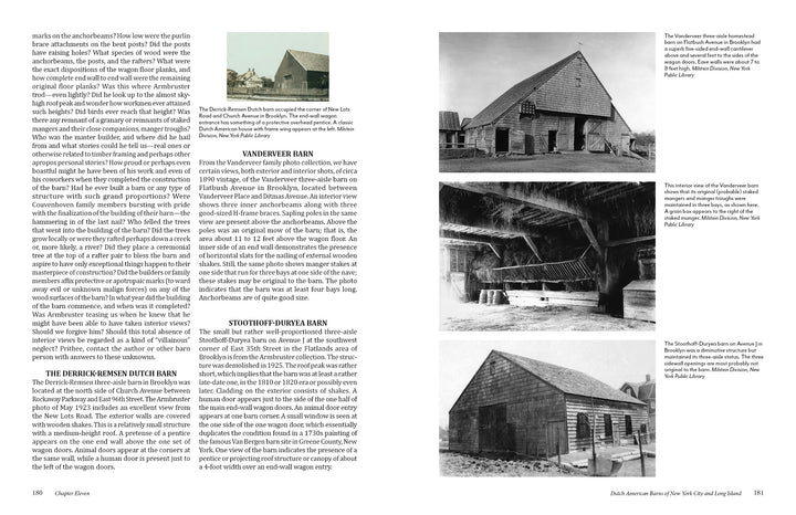 A two-page spread in "The Historic Dutch American Barns of New Jersey and Southern New York" by Schiffer Publishing, Ltd. pairs text on early American barns with historic black-and-white photos, each captioned to highlight their architectural significance.