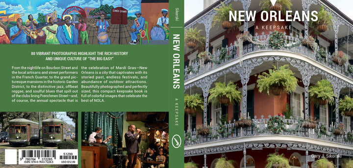 The cover of "New Orleans" by Schiffer Publishing, Ltd. displays a vibrant French Quarter street with historic balconies, lush plants, and Mardi Gras décor—reflecting the city’s lively spirit featured throughout the photo book.