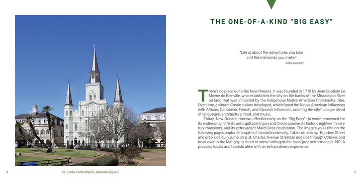 A wide view of St. Louis Cathedral in Jackson Square, New Orleans, with palm trees and lively crowds captures the city's spirit. "New Orleans" by Schiffer Publishing, Ltd. celebrates Mardi Gras and historic buildings under blue skies.