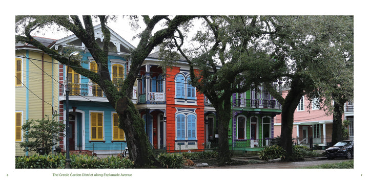 Colorful historic homes with ornate balconies and lush greenery line Esplanade Avenue in the Creole Garden District—scenes featured in "New Orleans" by Schiffer Publishing, Ltd.