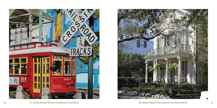 Left: A red streetcar rolls past a crossing sign in daylight. Right: A grand white house with columns and greenery stands under trees—ideal for "New Orleans" by Schiffer Publishing, Ltd.