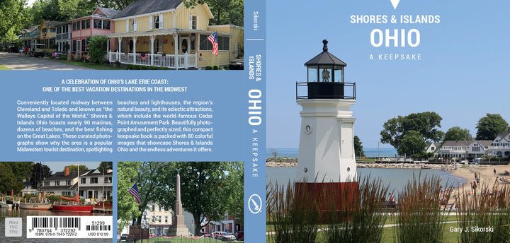 The book "Shores & Islands Ohio" by Schiffer Publishing, Ltd. features a cover with a white lighthouse near Lake Erie Shores & Islands, sandy beach, people, trees, and houses; back includes photos of Midwest vacation destinations and local buildings.