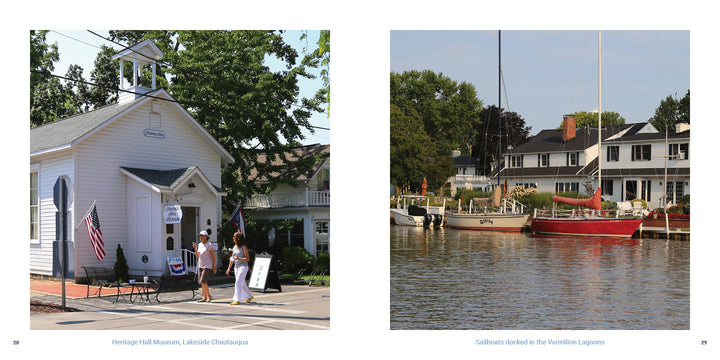 Left: Small white museum with American flag and visitors, reflecting Midwest vacation charm. Right: Red sailboats on calm water by waterfront homes at Shores & Islands Ohio. Brand: Schiffer Publishing, Ltd.