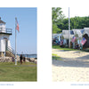 Left: Visitors gather by the restored Port Clinton Lighthouse at Shores & Islands Ohio, a scenic Midwest getaway. Right: Summer cottages with American flags line a sandy path near Nickel Plate Beach. Schiffer Publishing, Ltd.