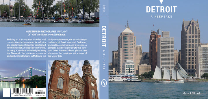 Front and back cover of Detroit by Schiffer Publishing, Ltd., featuring photos of the skyline with sailboats, the Renaissance Center, Ambassador Bridge, and other iconic Motor City attractions.