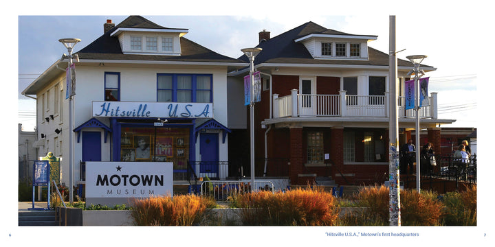 Two houses side by side: Hitsville U.S.A. and Motown Museum with blue trim, next to a red-brick house with a white porch—featured in "Detroit" by Schiffer Publishing, Ltd., an iconic Motor City souvenir or photo book.