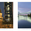 Left: The Romanesque steeple of Old St. Mary’s Church stands by a modern high-rise at night. Right: The glowing Ambassador Bridge reflects in the river—a classic image from "Detroit" by Schiffer Publishing, Ltd.