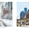 Left: Snow-covered street lined with tall buildings and trees. Right: Downtown Detroit buildings and the People Mover under a blue sky—an iconic scene featured in "Detroit" by Schiffer Publishing, Ltd.