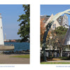 Side-by-side images: Left, the Milliken State Park Lighthouse by the Detroit River; right, the Millennium Bell in Grand Circus Park—just two highlights from "Detroit" by Schiffer Publishing, Ltd.