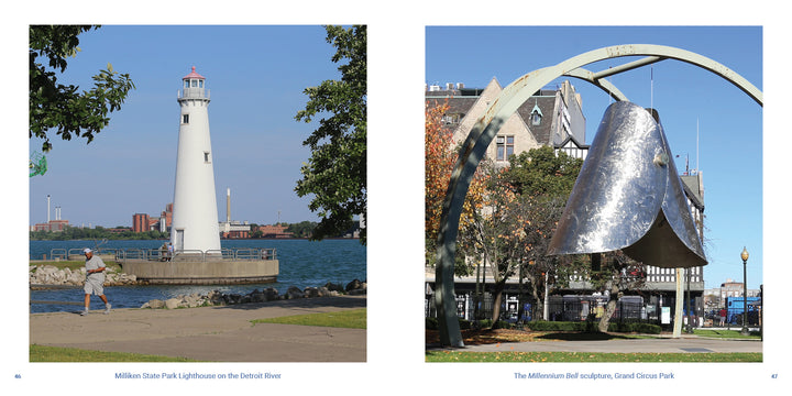 Side-by-side images: Left, the Milliken State Park Lighthouse by the Detroit River; right, the Millennium Bell in Grand Circus Park—just two highlights from "Detroit" by Schiffer Publishing, Ltd.