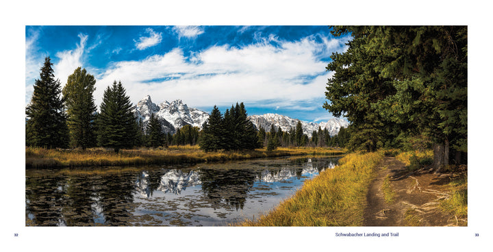 A scenic trail traces a pond framed by pine trees and grass, with snow-capped peaks rising behind—a signature Grand Teton National Park landscape featured in this Schiffer Publishing, Ltd. book, ideal as a souvenir or photography collection.