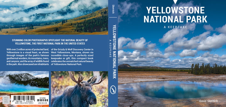 Book cover for Yellowstone National Park by Schiffer Publishing, Ltd. Features scenic photos of mountains, wildlife like moose, and geysers under a blue sky with trees. Back cover has a description and barcode. Author: David Skernick.