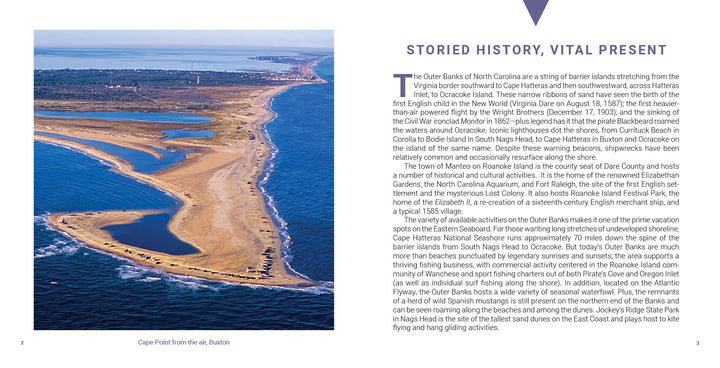 Aerial view of Cape Point on the Outer Banks, North Carolina, showing a sandy peninsula curving into ocean waters near Cape Hatteras, from the book "Outer Banks" by Schiffer Publishing, Ltd.