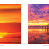 Side-by-side images: left, a vivid orange sunrise over calm waters at Cape Hatteras; right, a dramatic sunset with pink and purple clouds above a pier and dock in Outer Banks. From "Outer Banks" by Schiffer Publishing, Ltd.