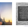 Left: A tall stone monument at sunrise in the Outer Banks, North Carolina. Right: Close-up of a plaque commemorating the Wright brothers’ first flight. Product: Outer Banks by Schiffer Publishing, Ltd.
