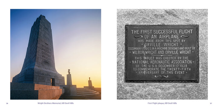 Left: A tall stone monument at sunrise in the Outer Banks, North Carolina. Right: Close-up of a plaque commemorating the Wright brothers’ first flight. Product: Outer Banks by Schiffer Publishing, Ltd.