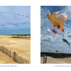 Two photos from "Outer Banks" by Schiffer Publishing, Ltd. show kites filling the sky over Cape Hatteras dunes—on the left, colorful kites; on the right, large character-shaped kites like a flying pig above this iconic North Carolina landscape.