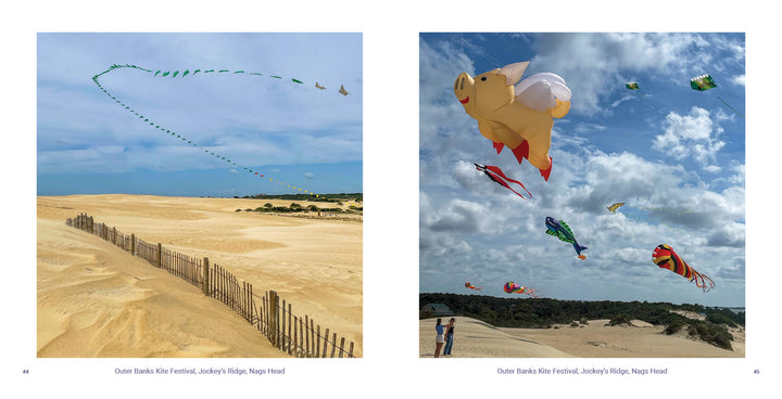 Two photos from "Outer Banks" by Schiffer Publishing, Ltd. show kites filling the sky over Cape Hatteras dunes—on the left, colorful kites; on the right, large character-shaped kites like a flying pig above this iconic North Carolina landscape.
